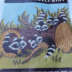 Vintage Elsa Williams needlepoint kit cute racoons on log printed canvas yarn